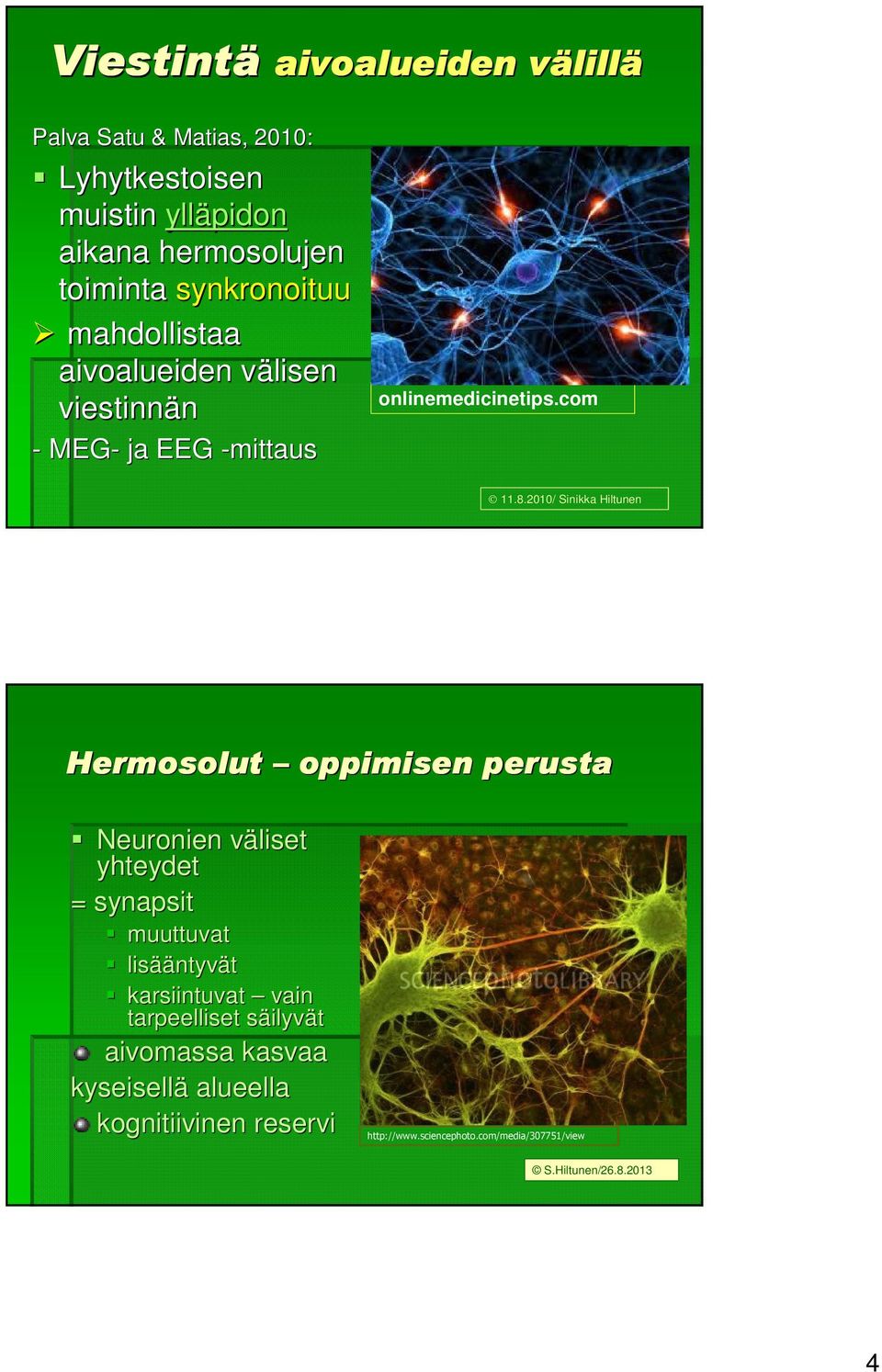 2010/ Sinikka Hiltunen Hermosolut oppimisen perusta Neuronien väliset v yhteydet = synapsit muuttuvat lisää ääntyvät karsiintuvat vain