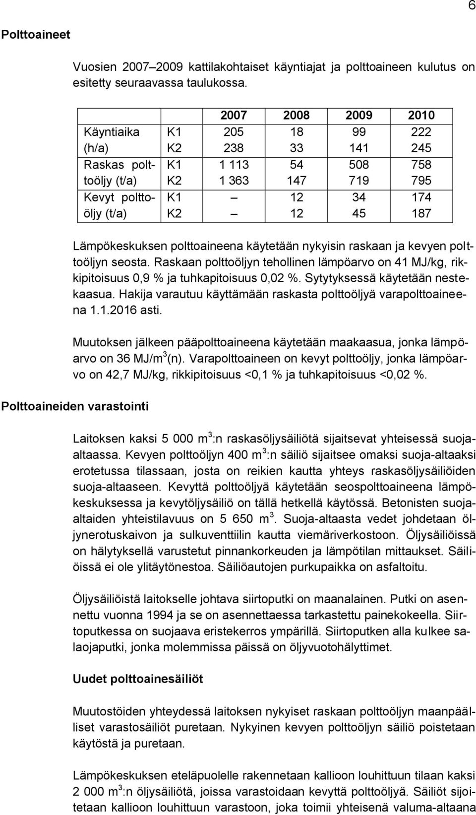 Lämpökeskuksen polttoaineena käytetään nykyisin raskaan ja kevyen polttoöljyn seosta. Raskaan polttoöljyn tehollinen lämpöarvo on 41 MJ/kg, rikkipitoisuus 0,9 % ja tuhkapitoisuus 0,02 %.