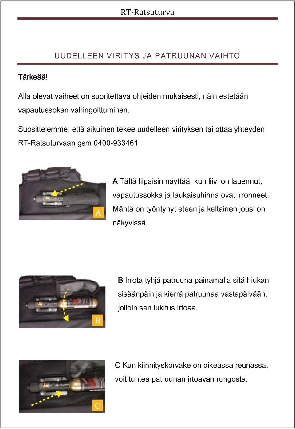 lauennut, vapautussokka ja laukaisuhihna ovat irronneet. Mäntä on työntynyt eteen ja keltainen jousi on näkyvissä.