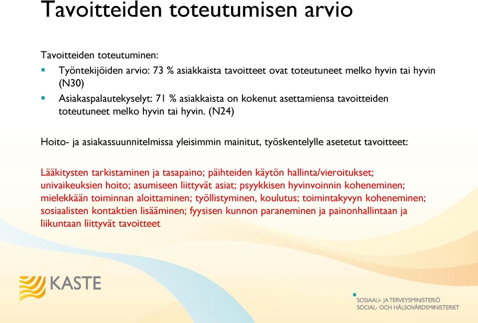 (N24) Hoito- ja asiakassuunnitelmissa yleisimmin mainitut, työskentelylle asetetut tavoitteet: Lääkitysten tarkistaminen ja tasapaino; päihteiden käytön hallinta/vieroitukset;