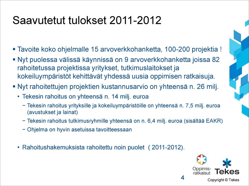 oppimisen ratkaisuja. Nyt rahoitettujen projektien kustannusarvio on yhteensä n. 26 milj. Tekesin rahoitus on yhteensä n. 14 milj.