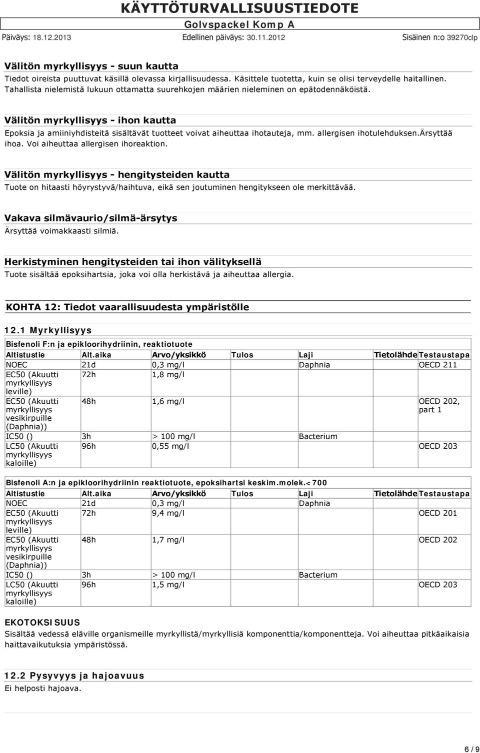 allergisen ihotulehduksen.ärsyttää ihoa. Voi aiheuttaa allergisen ihoreaktion. Välitön hengitysteiden kautta Tuote on hitaasti höyrystyvä/haihtuva, eikä sen joutuminen hengitykseen ole merkittävää.