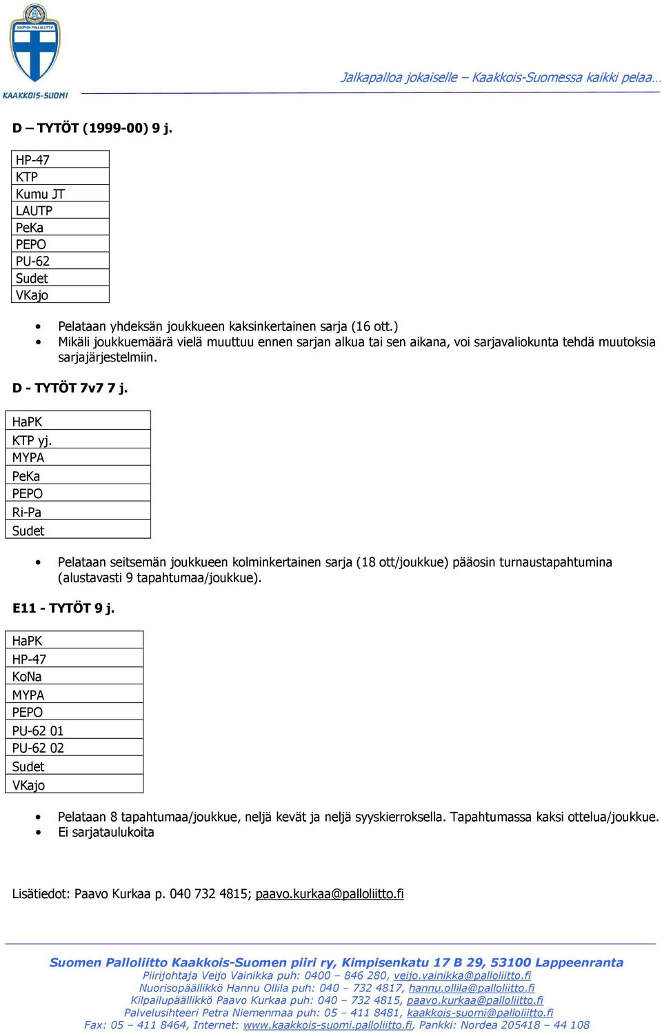 tapahtumaa/joukkue). E11 - TYTÖT 9 j.