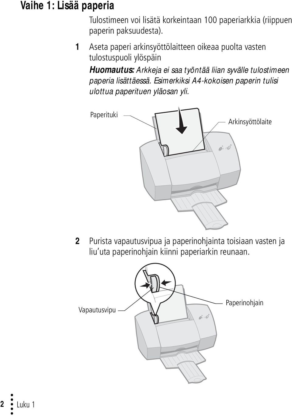 tulostimeen paperia lisättäessä. Esimerkiksi A4-kokoisen paperin tulisi ulottua paperituen yläosan yli.