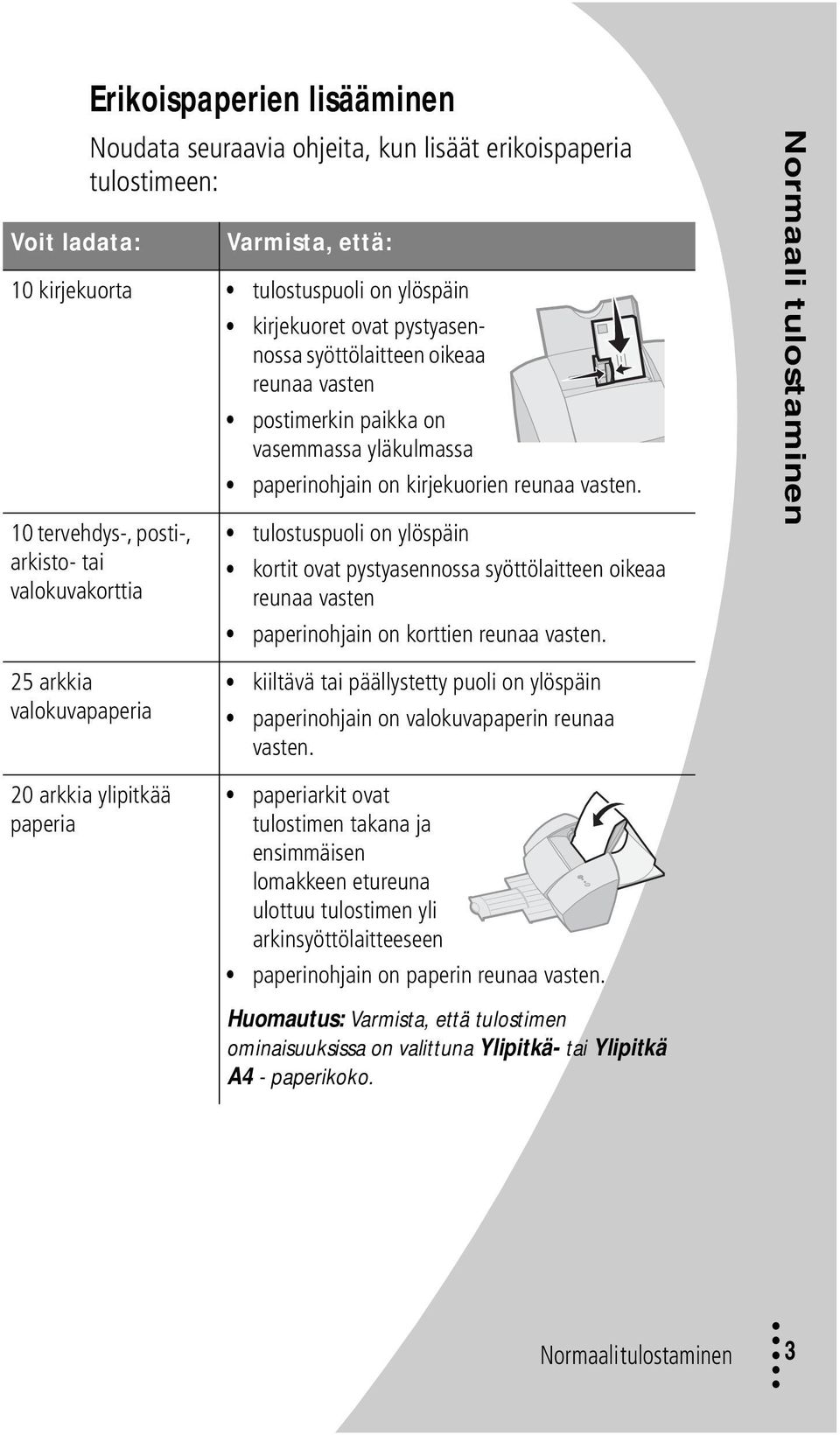 10 tervehdys-, posti-, arkisto- tai valokuvakorttia tulostuspuoli on ylöspäin kortit ovat pystyasennossa syöttölaitteen oikeaa reunaa vasten paperinohjain on korttien reunaa vasten.