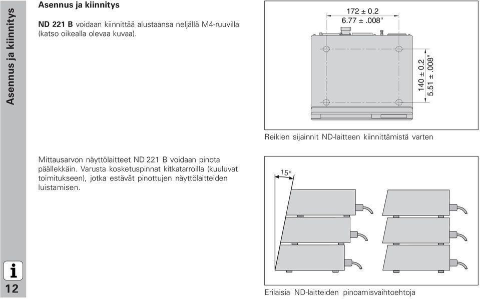 008" Reikien sijainnit ND-laitteen kiinnittämistä varten Mittausarvon näyttölaitteet ND 221 B voidaan pinota