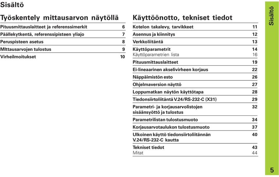 Pituusmittauslaitteet 19 Ei-lineaarinen akselivirheen korjaus 22 Näppäimistön esto 26 Ohjelmaversion näyttö 27 Loppumatkan näytön käyttötapa 28 Tiedonsiirtoliitäntä V.