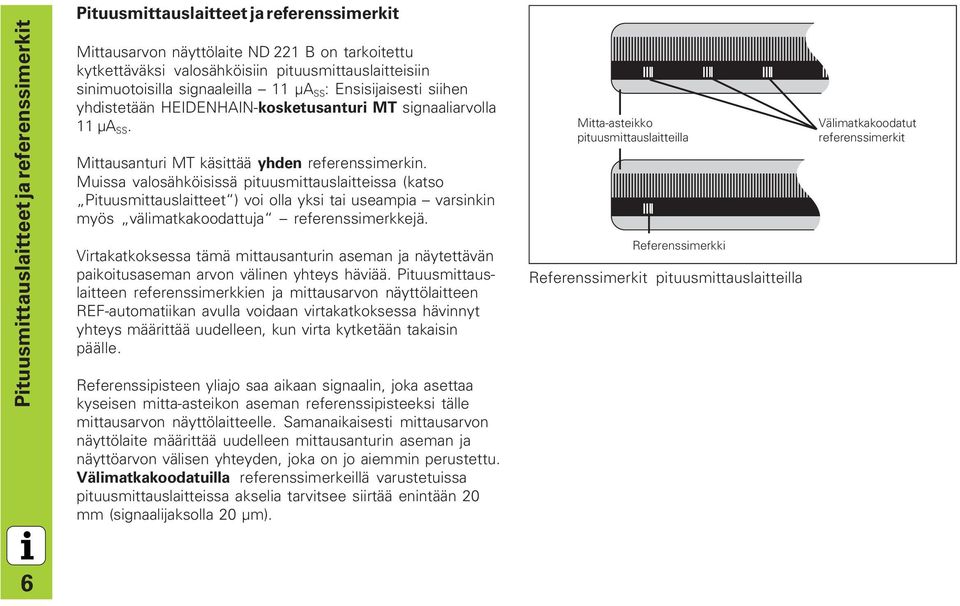 Muissa valosähköisissä pituusmittauslaitteissa (katso Pituusmittauslaitteet ) voi olla yksi tai useampia varsinkin myös välimatkakoodattuja referenssimerkkejä.