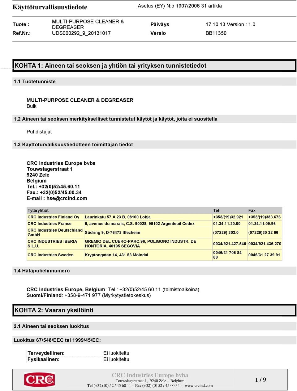 com Tytäryhtiöt Tel Fax CRC Industries Finland Oy Laurinkatu 57 A 23 B, 08100 Lohja +358/(19)32.921 +358/(19)383.676 CRC Industries France 6, avenue du marais, C.S. 90028, 95102 Argenteuil Cedex 01.