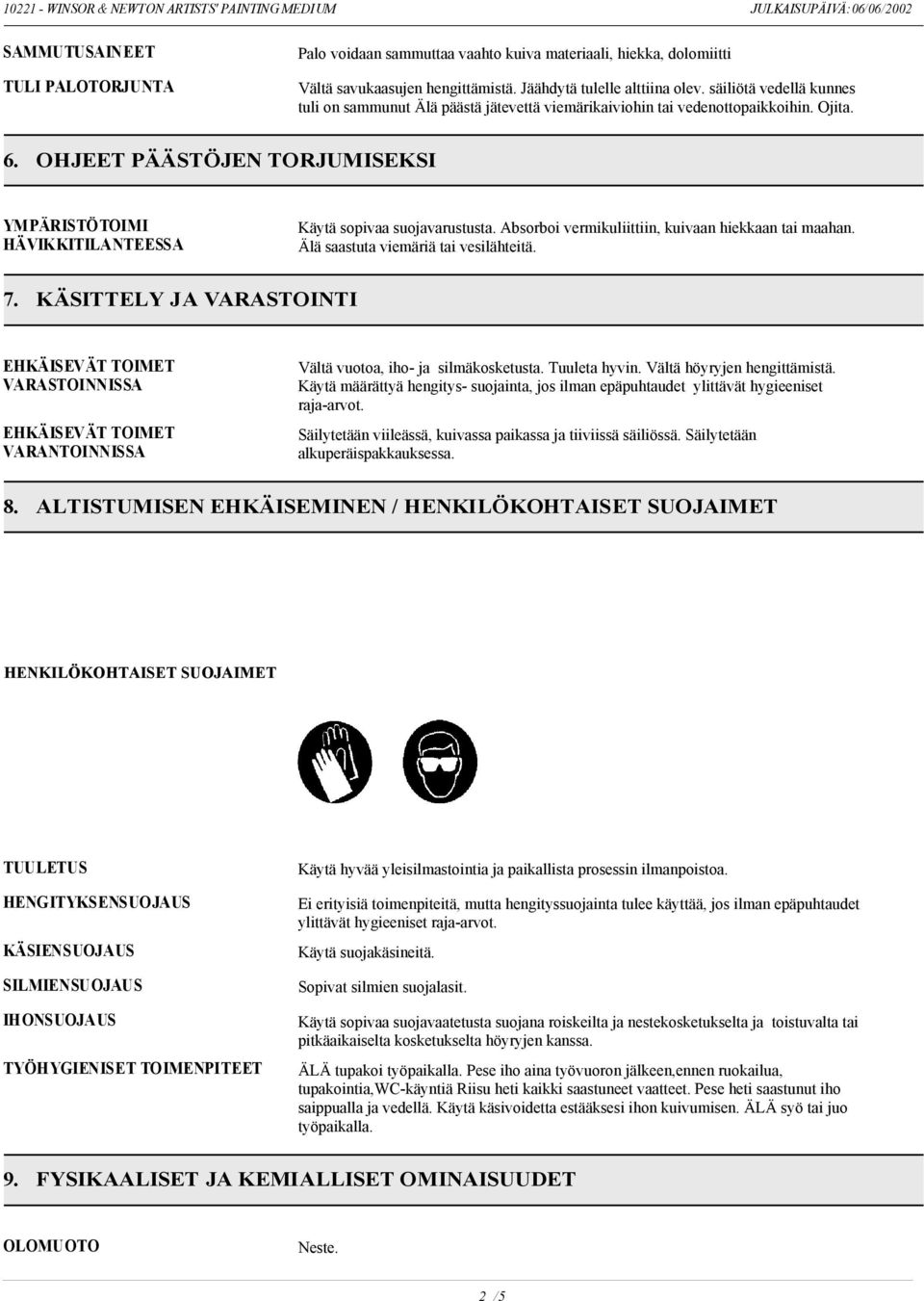 OHJEET PÄÄSTÖJEN TORJUMISEKSI YMPÄRISTÖTOIMI HÄVIKKITILANTEESSA Käytä sopivaa suojavarustusta. Absorboi vermikuliittiin, kuivaan hiekkaan tai maahan. Älä saastuta viemäriä tai vesilähteitä. 7.