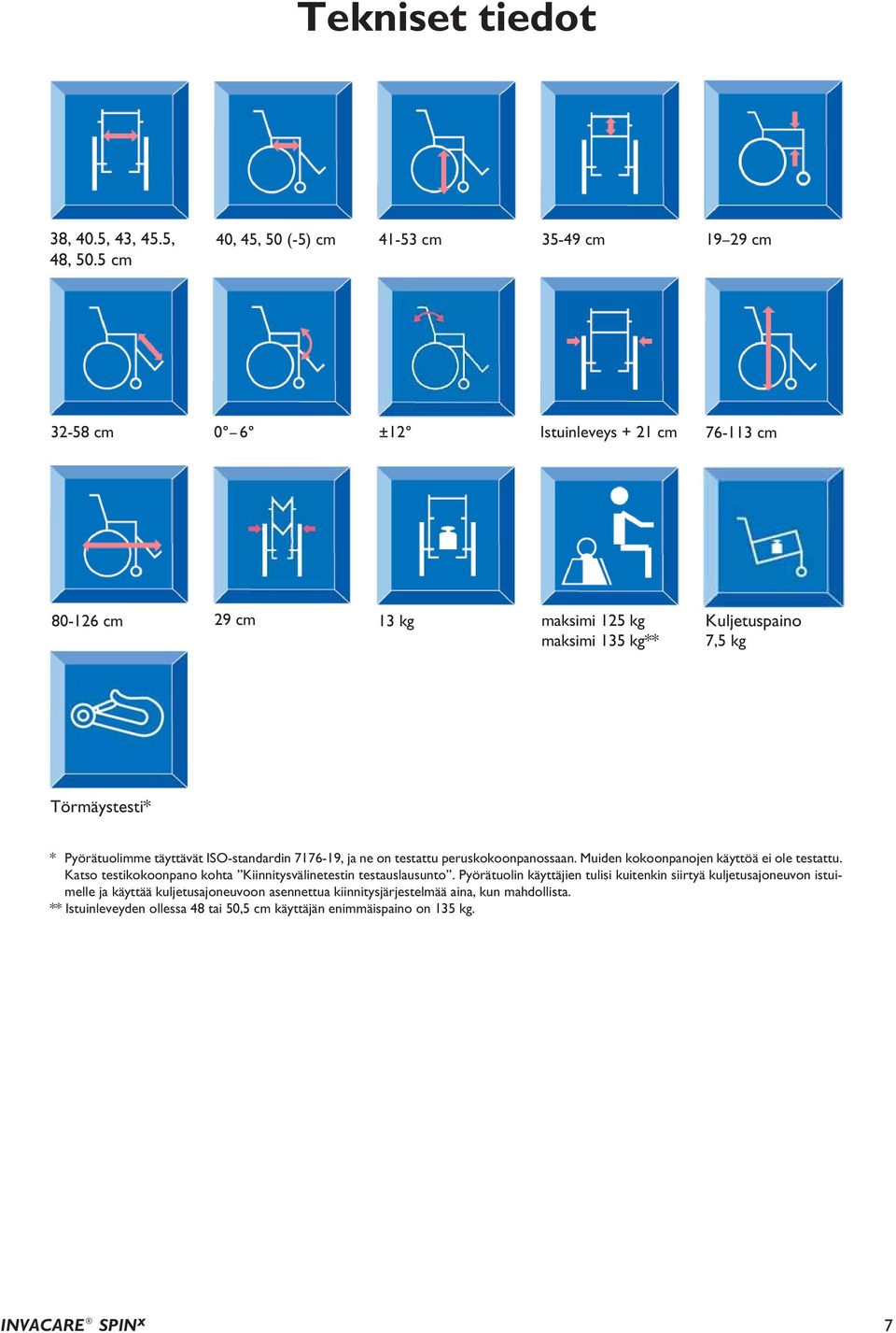 kg Törmäystesti* * Pyörätuolimme täyttävät ISO-standardin 7176-19, ja ne on testattu peruskokoonpanossaan. Muiden kokoonpanojen käyttöä ei ole testattu.