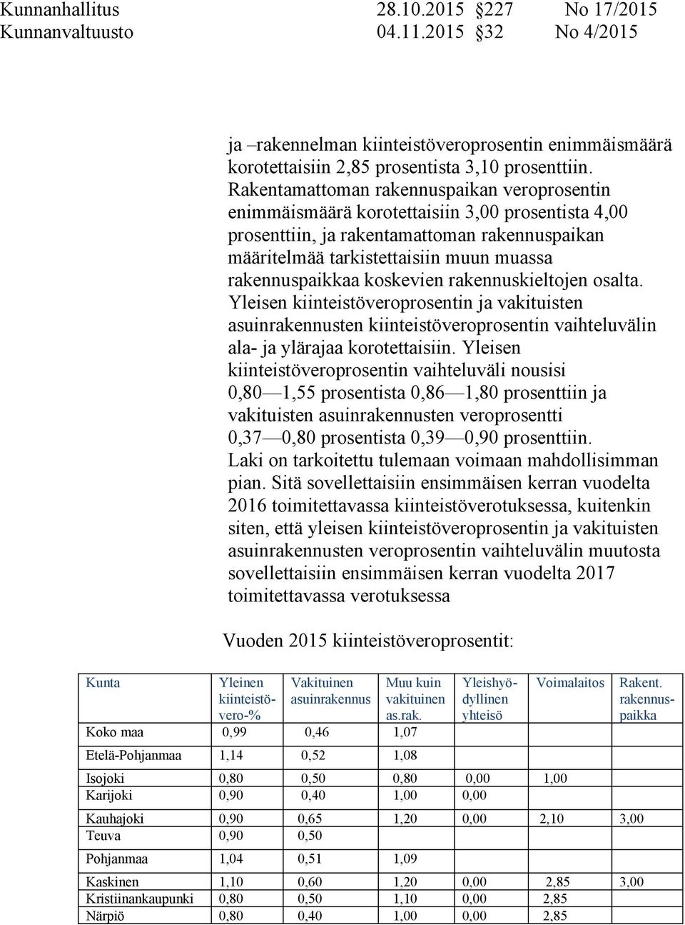 koskevien rakennuskieltojen osalta. Yleisen kiinteistöveroprosentin ja vakituisten asuinrakennusten kiinteistöveroprosentin vaihteluvälin ala- ja ylärajaa korotettaisiin.