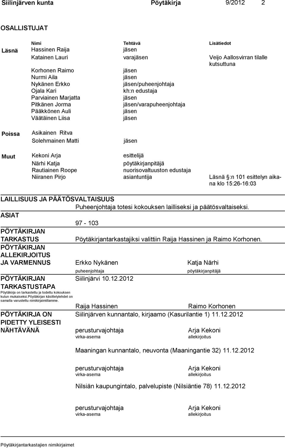 Solehmainen Matti jäsen Muut Kekoni Arja esittelijä Närhi Katja pöytäkirjanpitäjä Rautiainen Roope nuorisovaltuuston edustaja Niiranen Pirjo asiantuntija Läsnä :n 101 esittelyn aikana klo 15:26-16:03