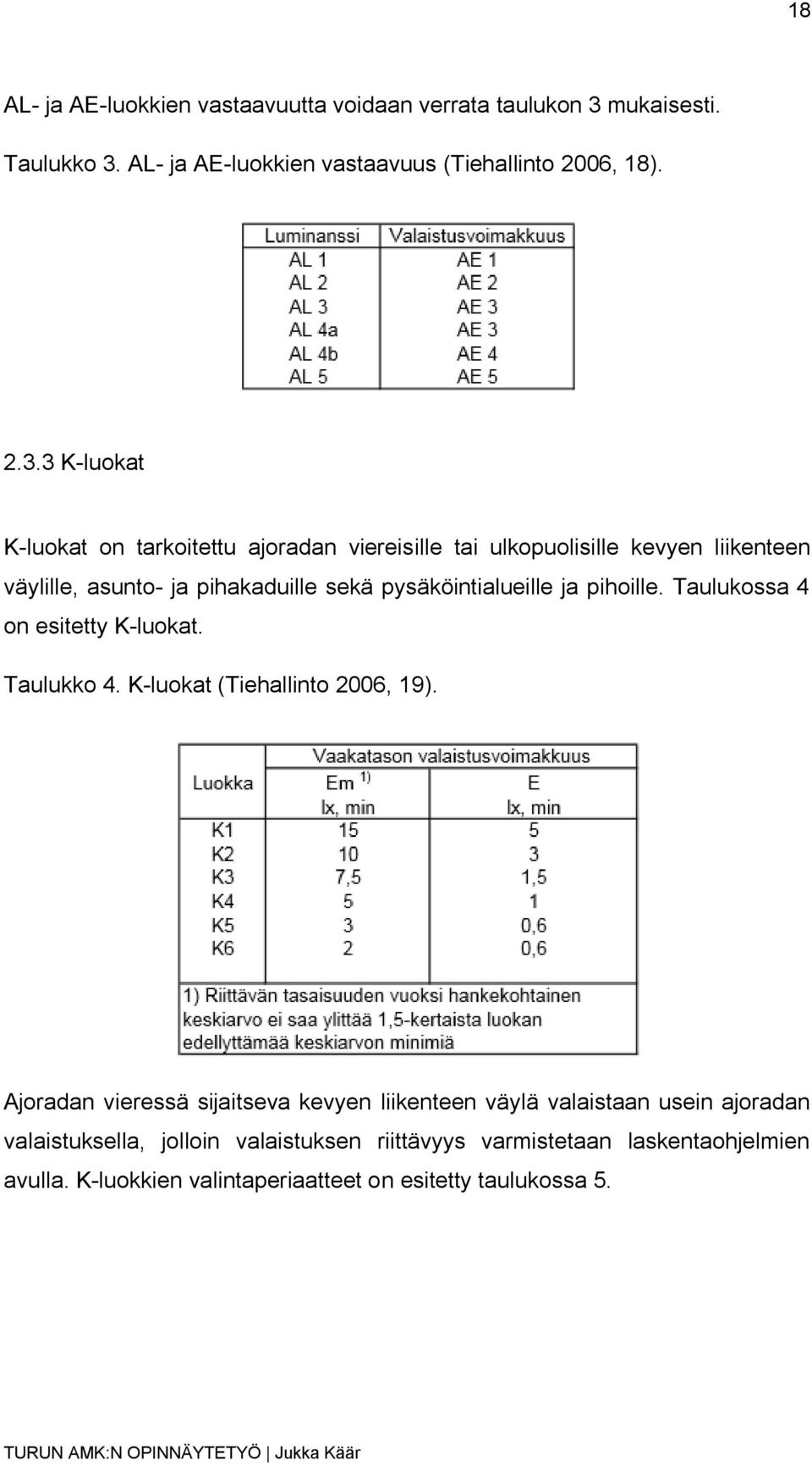 AL- ja AE-luokkien vastaavuus (Tiehallinto 2006, 18). 2.3.