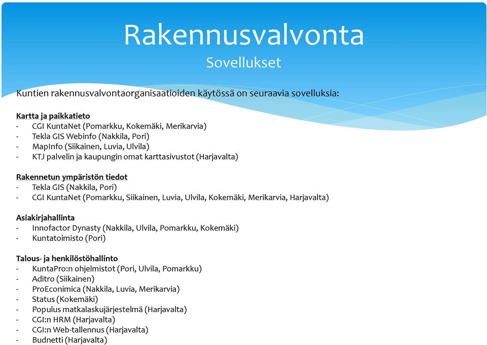 Siikainen, Luvia, Ulvila, Kokemäki, Merikarvia, Harjavalta) Asiakirjahallinta - Innofactor Dynasty(Nakkila, Ulvila, Pomarkku, Kokemäki) - Kuntatoimisto (Pori) Talous- ja henkilöstöhallinto -