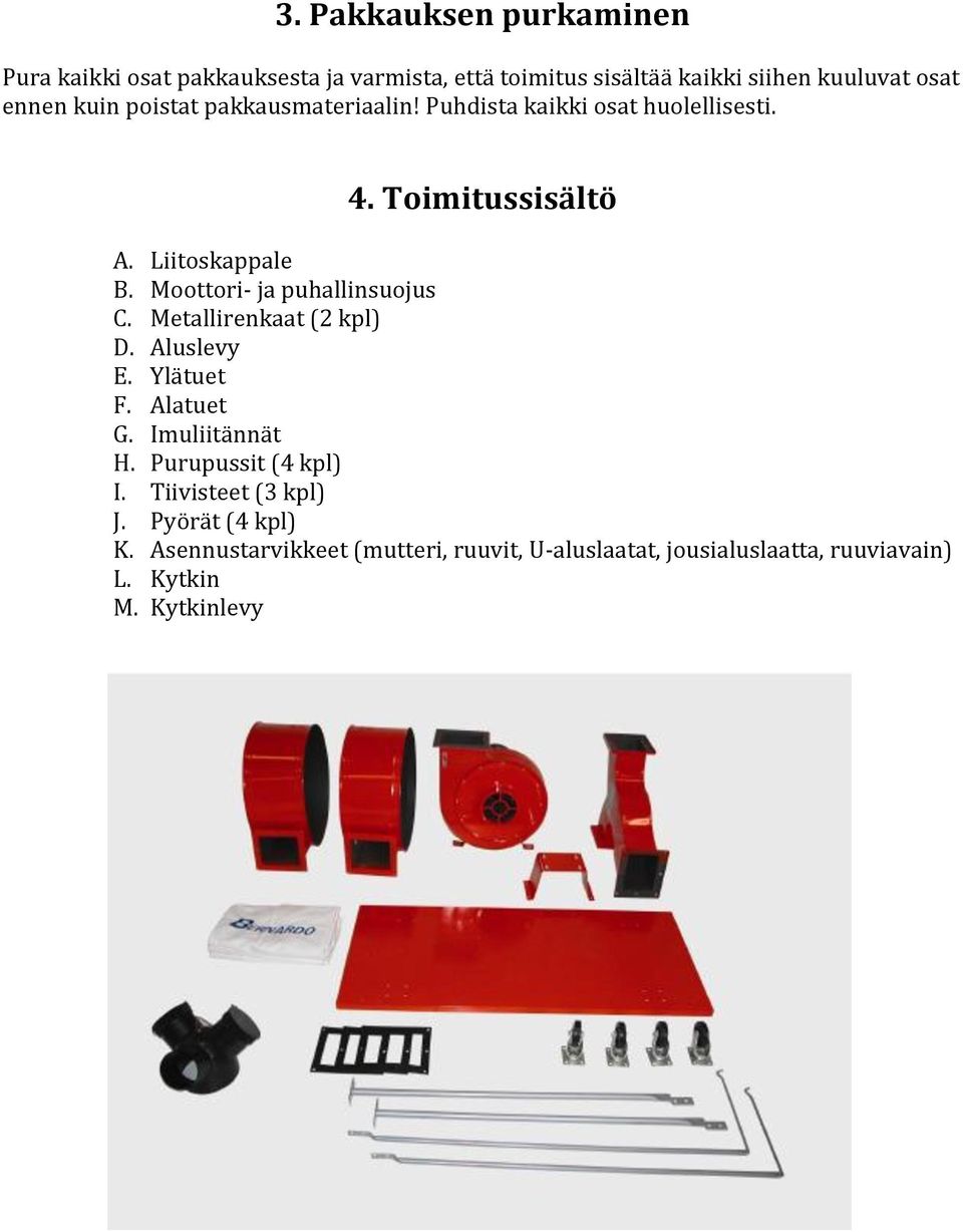 Moottori- ja puhallinsuojus C. Metallirenkaat (2 kpl) D. Aluslevy E. Ylätuet F. Alatuet G. Imuliitännät H.