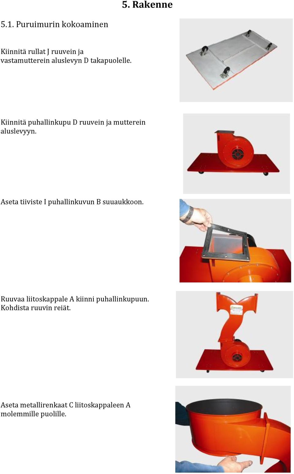 takapuolelle. Kiinnitä puhallinkupu D ruuvein ja mutterein aluslevyyn.