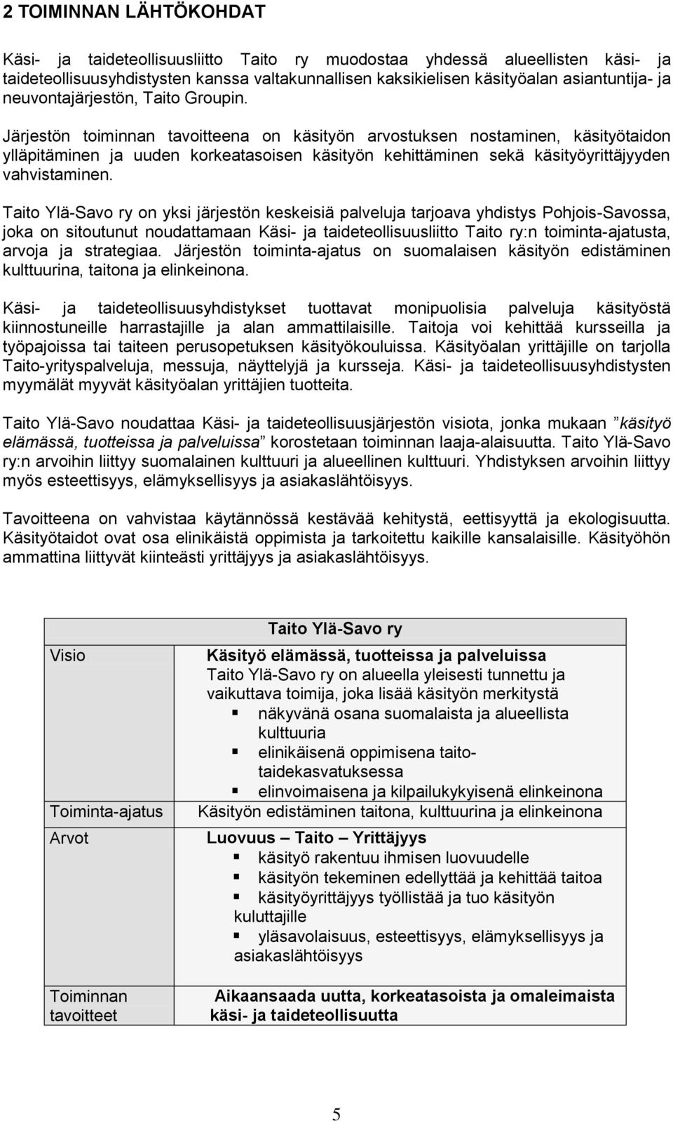 Järjestön toiminnan tavoitteena on käsityön arvostuksen nostaminen, käsityötaidon ylläpitäminen ja uuden korkeatasoisen käsityön kehittäminen sekä käsityöyrittäjyyden vahvistaminen.