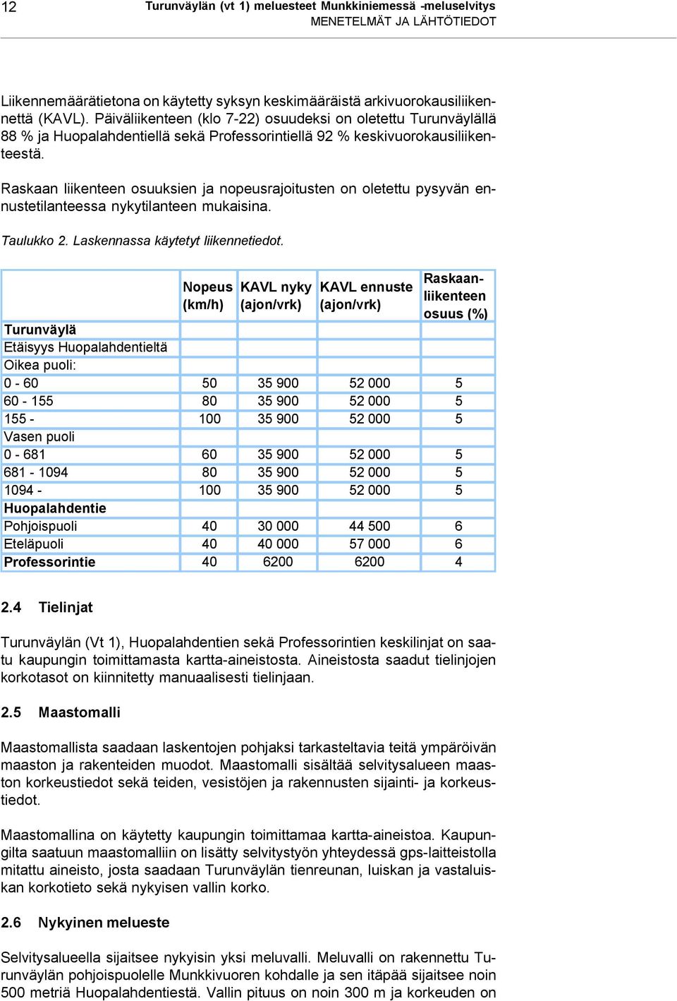 Raskaan liikenteen osuuksien ja nopeusrajoitusten on oletettu pysyvän ennustetilanteessa nykytilanteen mukaisina. Taulukko 2. Laskennassa käytetyt liikennetiedot.