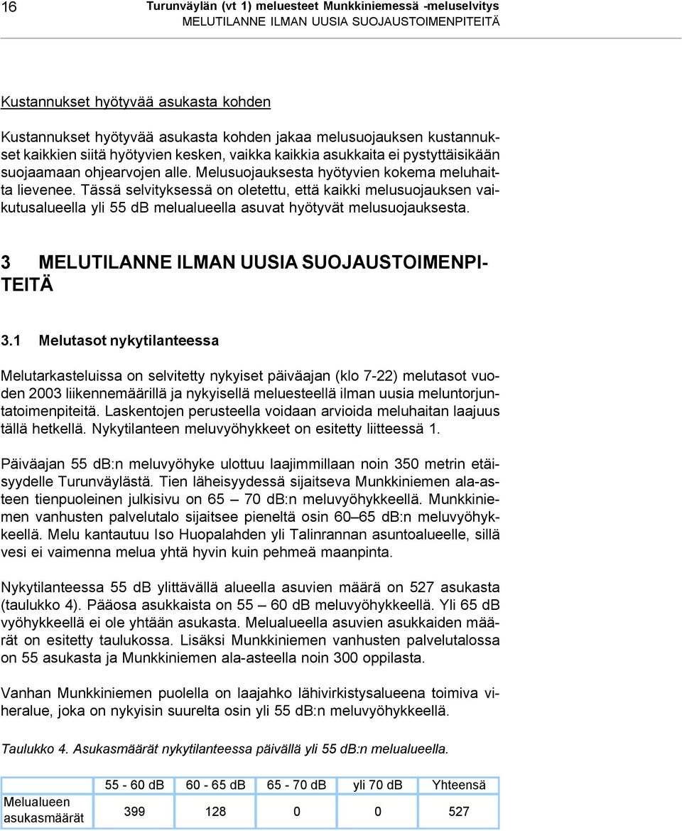 Tässä selvityksessä on oletettu, että kaikki melusuojauksen vaikutusalueella yli 55 db melualueella asuvat hyötyvät melusuojauksesta. 3 MELUTILANNE ILMAN UUSIA SUOJAUSTOIMENPI- TEITÄ 3.