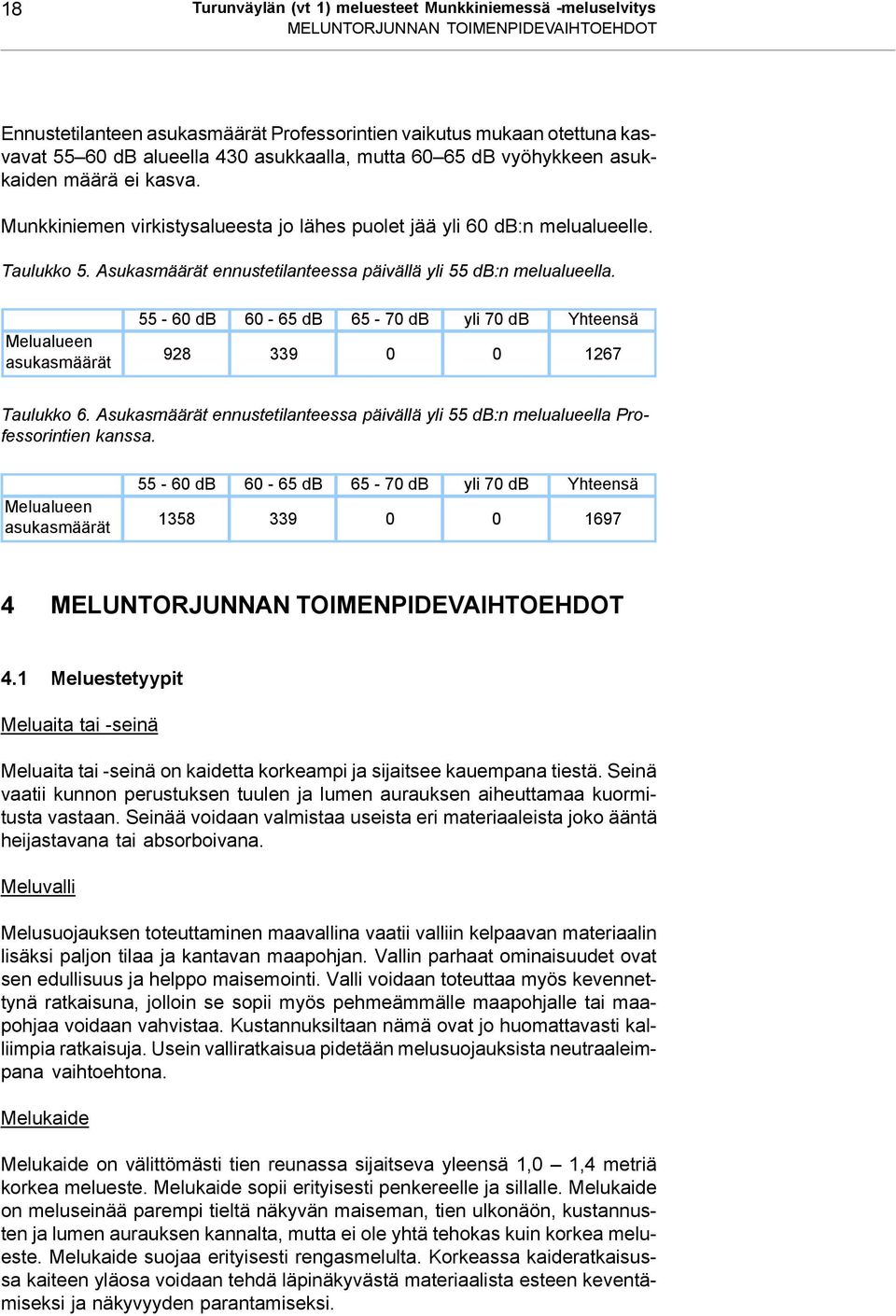 Asukasmäärät ennustetilanteessa päivällä yli 55 db:n melualueella. Melualueen asukasmäärät 55-60 db 60-65 db 65-70 db yli 70 db Yhteensä 928 339 0 0 1267 Taulukko 6.