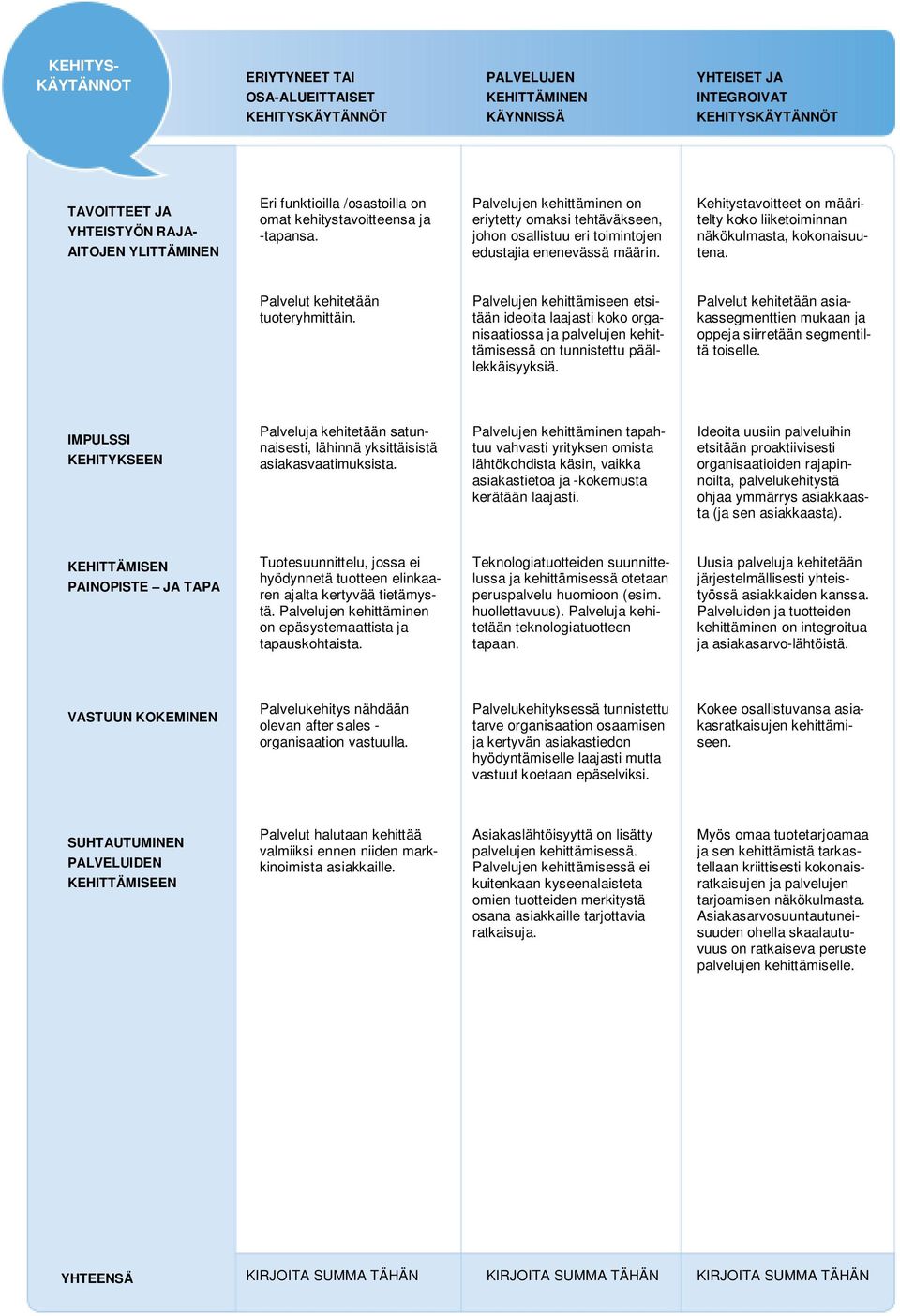 Kehitystavoitteet on määritelty koko liiketoiminnan näkökulmasta, kokonaisuutena. Palvelut kehitetään tuoteryhmittäin.