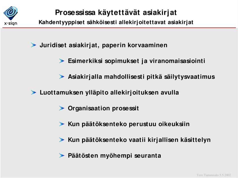 pitkä säilytysvaatimus Luottamuksen ylläpito allekirjoituksen avulla Organisaation prosessit Kun