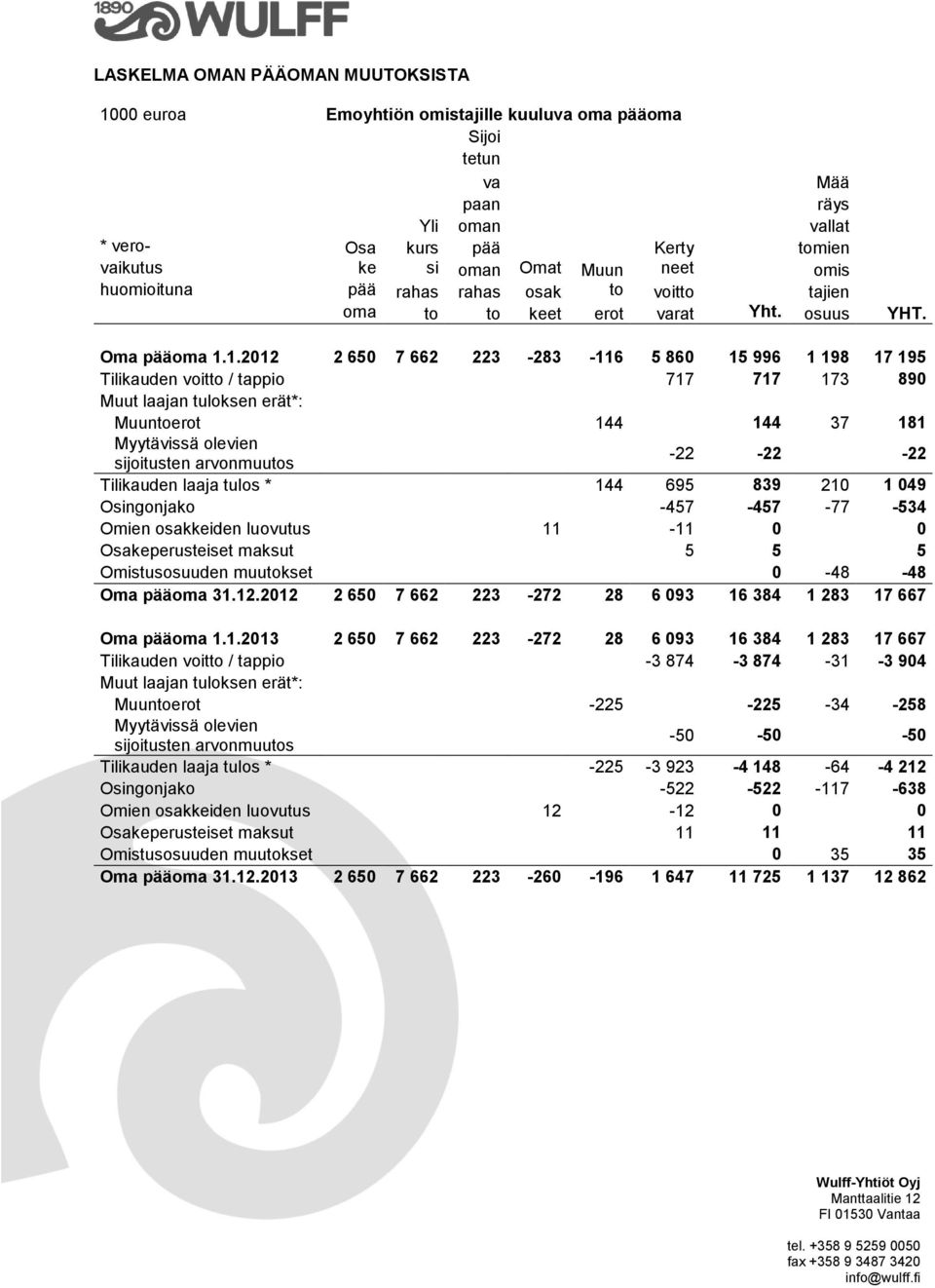 1.2012 2 650 7 662 223-283 -116 5 860 15 996 1 198 17 195 Tilikauden voitto / tappio 717 717 173 890 Muut laajan tuloksen erät*: Muuntoerot 144 144 37 181 Myytävissä olevien sijoitusten arvonmuutos