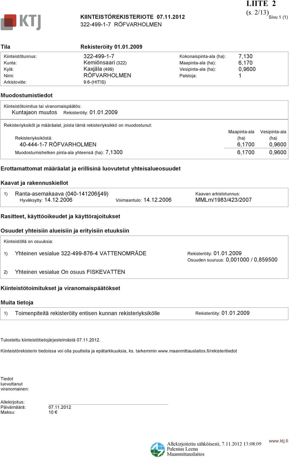 01.2009 Kiinteistötunnus: 322-499-1-7 Kokonaispinta-ala(ha): 7,130 Kunta: Kemiönsaari(322) Maapinta-ala(ha): 6,170 Kylä: Kaxjäla(499) Vesipinta-ala(ha): 0,9600 Nimi: RÖFVARHOLMEN Palstoja: 1