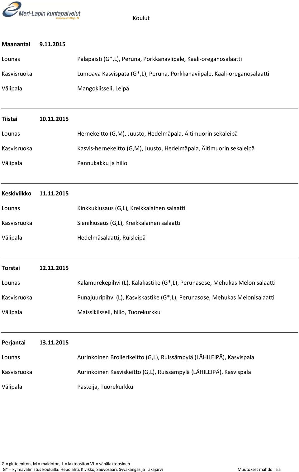 Mehukas Melonisalaatti Punajuuripihvi (L), Kasviskastike (G*,L), Perunasose, Mehukas Melonisalaatti Maissikiisseli, hillo, Tuorekurkku Perjantai 13.11.