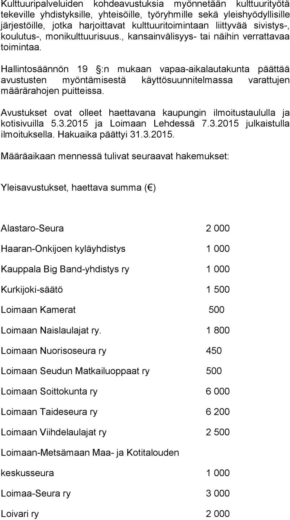 Hallintosäännön 19 :n mukaan vapaa-aikalautakunta päättää avustusten myöntämisestä käyttösuunnitelmassa varattujen määrärahojen puitteissa.