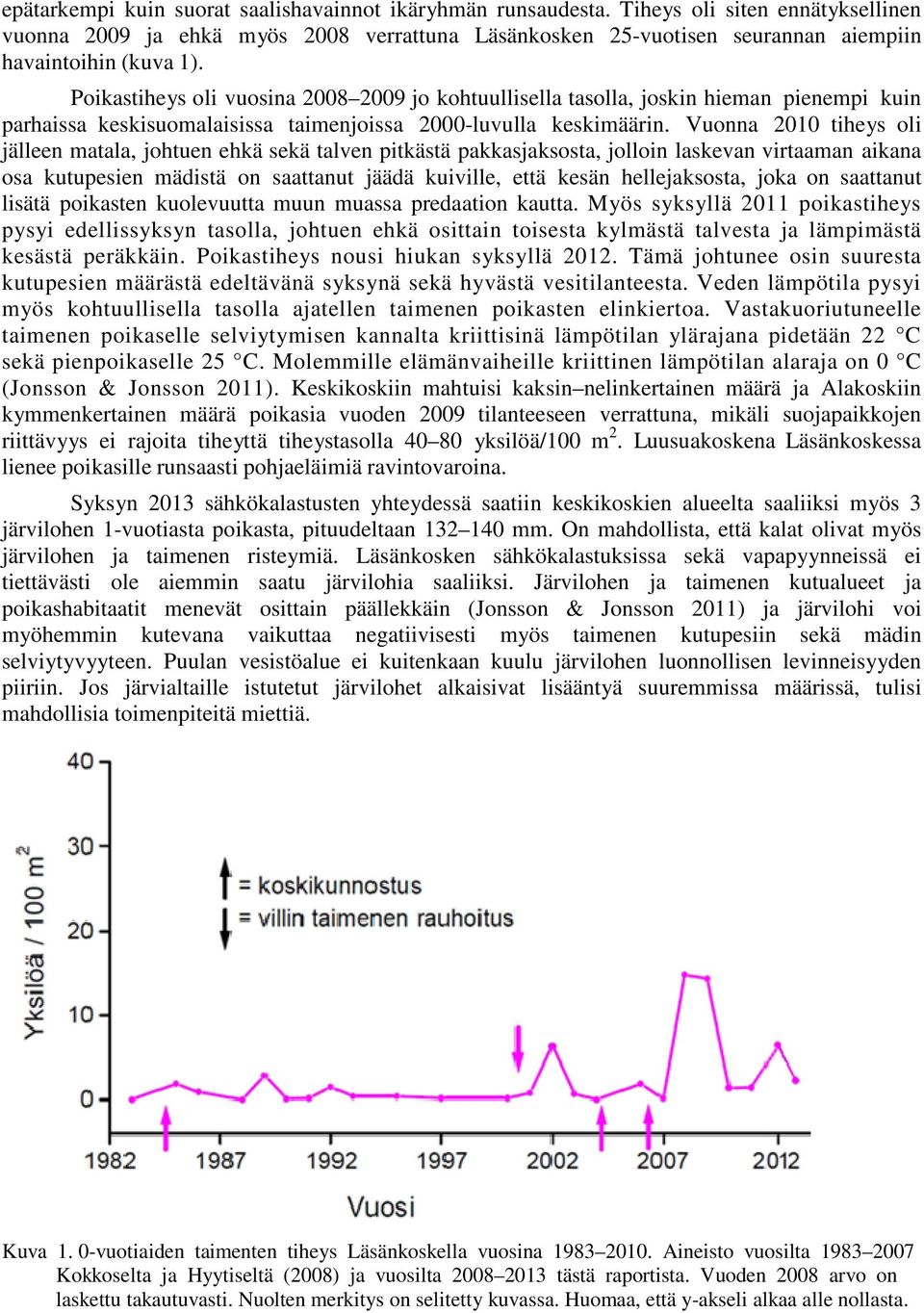 Poikastiheys oli vuosina 2008 2009 jo kohtuullisella tasolla, joskin hieman pienempi kuin parhaissa keskisuomalaisissa taimenjoissa 2000-luvulla keskimäärin.