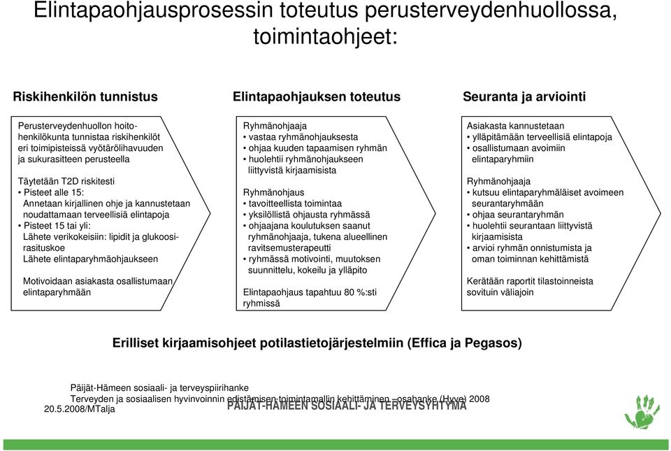 elintapoja Pisteet 15 tai yli: Lähete verikokeisiin: lipidit ja glukoosirasituskoe Lähete elintaparyhmäohjaukseen Motivoidaan asiakasta osallistumaan elintaparyhmään Ryhmänohjaaja vastaa