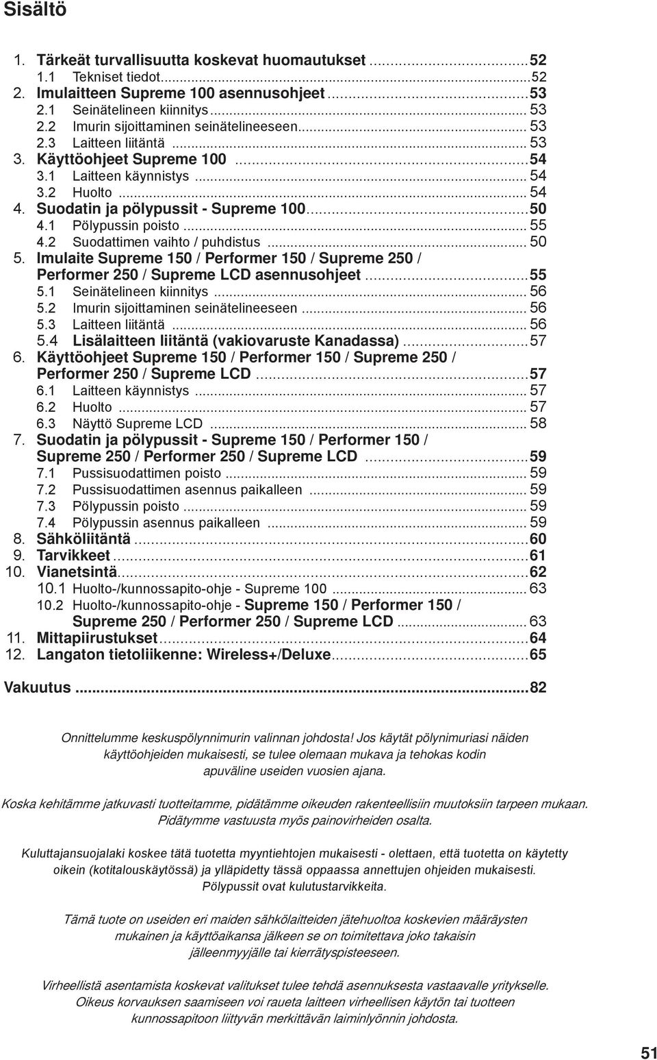1 Pölypussin poisto... 55 4.2 Suodattimen vaihto / puhdistus... 50 5. Imulaite Supreme 150 / Performer 150 / Supreme 250 / Performer 250 / Supreme LCD asennusohjeet...55 5.1 Seinätelineen kiinnitys.