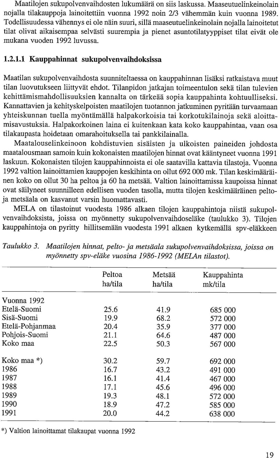 1992 luvussa. 1.2.1.1 Kauppahinnat sukupolvenvaihdoksissa Maatilan sukupolvenvaihdosta suunniteltaessa on kauppahinnan lisäksi ratkaistava muut tilan luovutukseen liittyvät ehdot.