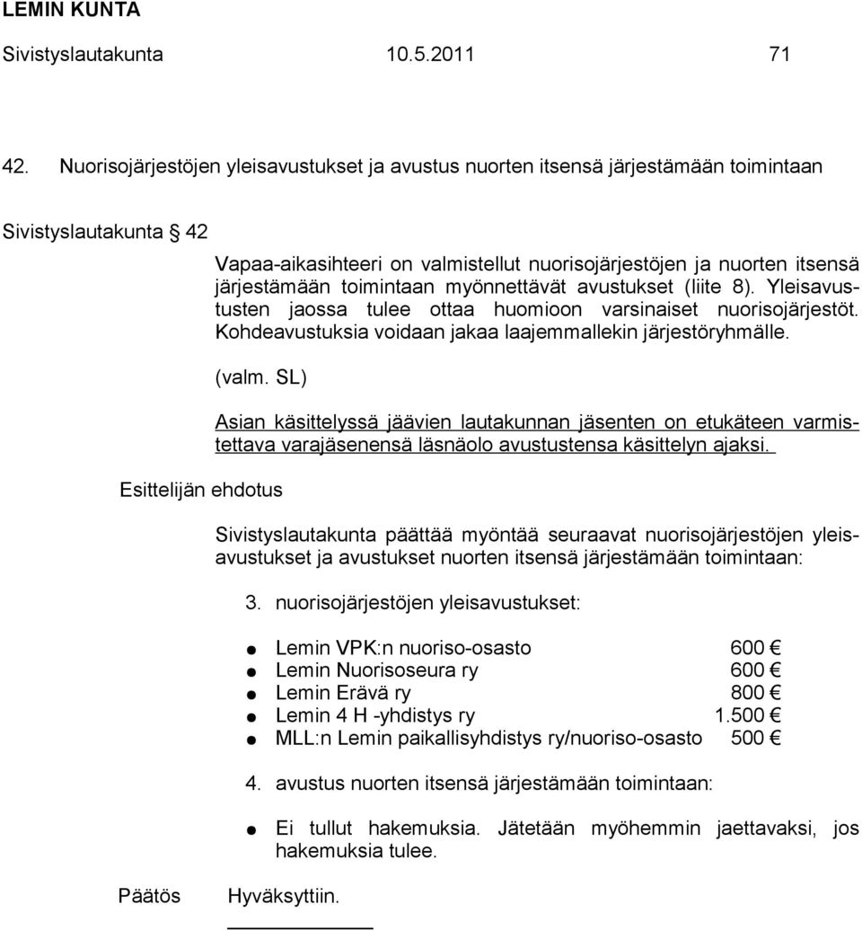 toimintaan myönnettävät avustukset (liite 8). Yleisavustusten jaossa tulee ottaa huomioon varsinaiset nuorisojärjestöt. Kohdeavustuksia voidaan jakaa laajemmallekin järjestöryhmälle. (valm.