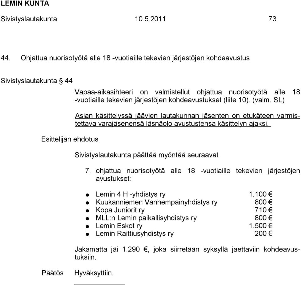 järjestöjen kohdeavustukset (liite 10). (valm. SL) Asian käsittelyssä jäävien lautakunnan jäsenten on etukäteen varmistettava varajäsenensä läsnäolo avustustensa käsittelyn ajaksi.