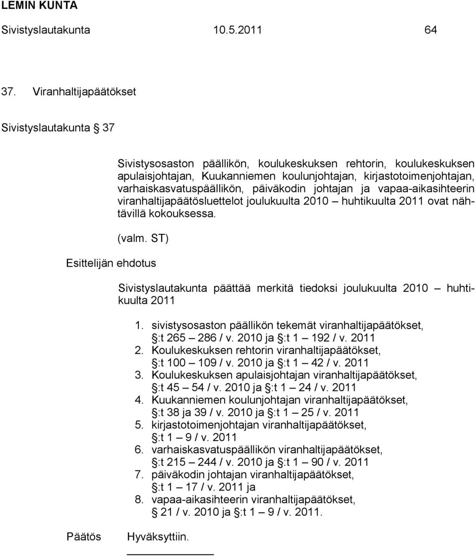 varhaiskasvatuspäällikön, päiväkodin johtajan ja vapaa-aikasihteerin viranhaltijapäätösluettelot joulukuulta 2010 huhtikuulta 2011 ovat nähtävillä kokouksessa. (valm.
