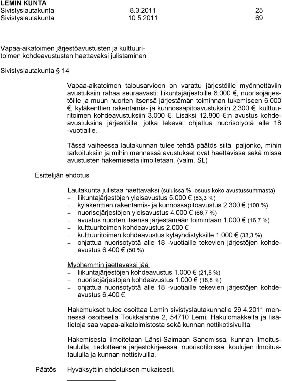 2011 69 Vapaa-aikatoimen järjestöavustusten ja kulttuuritoimen kohdeavustusten haettavaksi julistaminen Sivistyslautakunta 14 Vapaa-aikatoimen talousarvioon on varattu järjestöille myönnettäviin