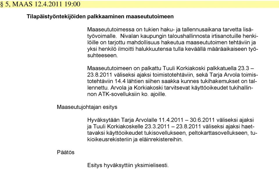 työsuhteeseen. Maaseututoimeen on palkattu Tuuli Korkiakoski palkkatuella 23.3 23.8.2011 väliseksi ajaksi toimistotehtäviin, sekä Tarja Arvola toimistotehtäviin 14.