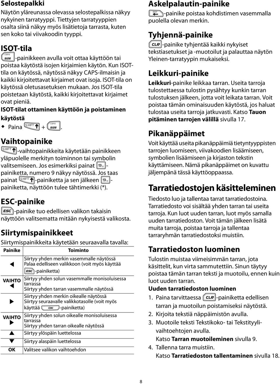 ISOT-tila on käytössä oletusasetuksen mukaan Jos ISOT-tila poistetaan käytöstä, kaikki kirjoitettavat kirjaimet ovat pieniä ISOT-tilat ottaminen käyttöön ja poistaminen käytöstä Paina + Vaihtopainike