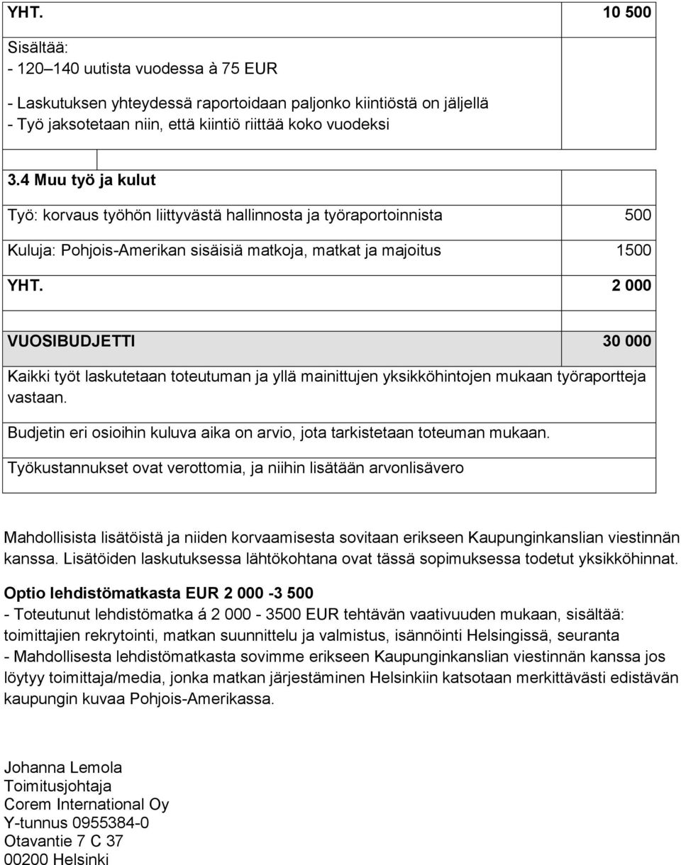 2 000 VUOSIBUDJETTI 30 000 Kaikki työt laskutetaan toteutuman ja yllä mainittujen yksikköhintojen mukaan työraportteja vastaan.
