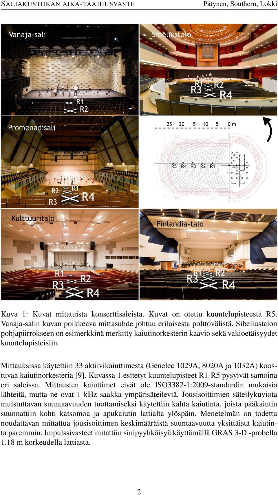 Mittauksissa käytettiin 33 aktiivikaiuttimesta (Genelec 129A, 82A ja 132A) koostuvaa kaiutinorkesteria [9]. Kuvassa 1 esitetyt kuuntelupisteet R1-R pysyivät samoina eri saleissa.