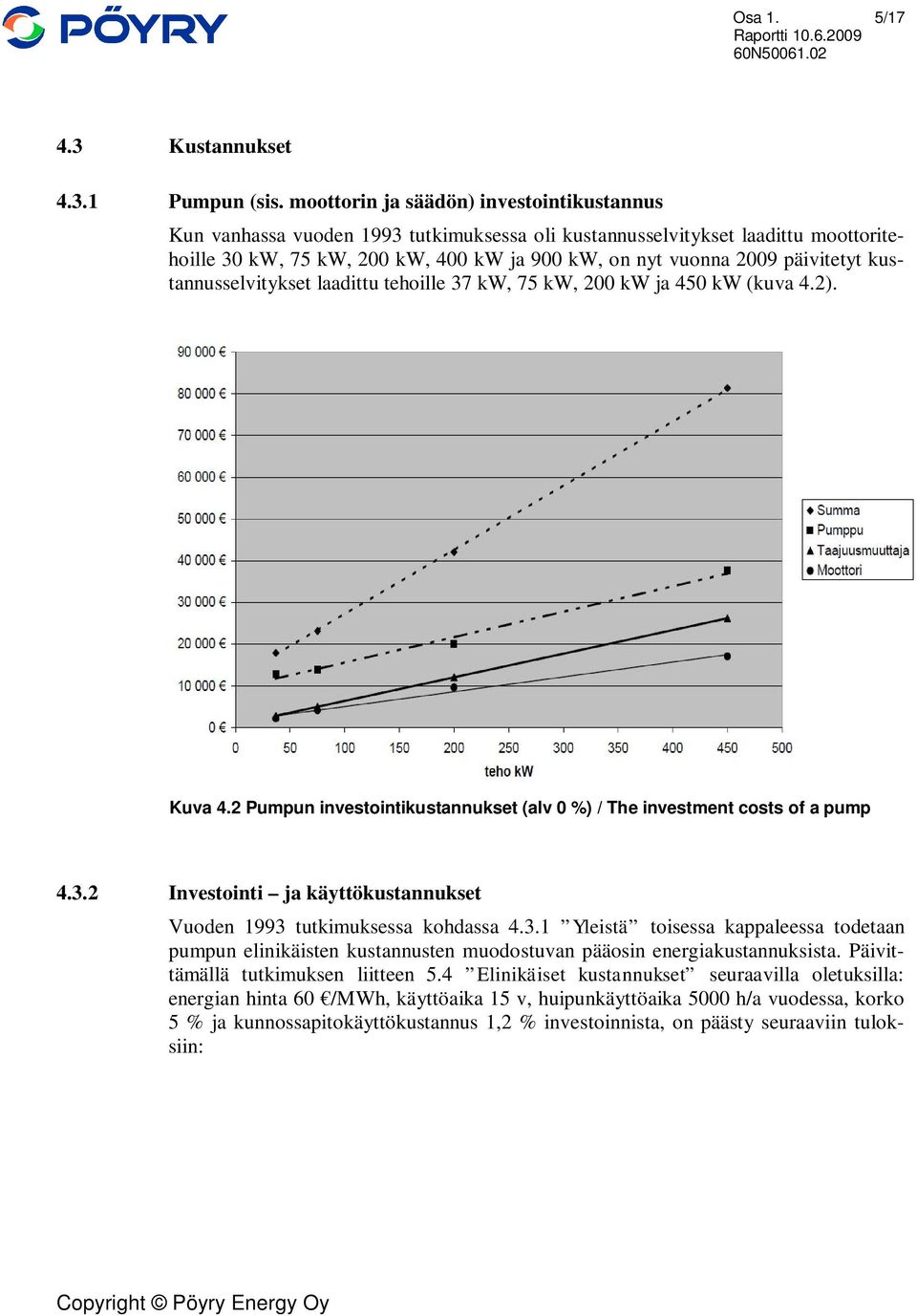 päivitetyt kustannusselvitykset laadittu tehoille 37 kw, 75 kw, 200 kw ja 450 kw (kuva 4.2). Kuva 4.2 Pumpun investointikustannukset (alv 0 %) / The investment costs of a pump 4.3.2 Investointi ja käyttökustannukset Vuoden 1993 tutkimuksessa kohdassa 4.