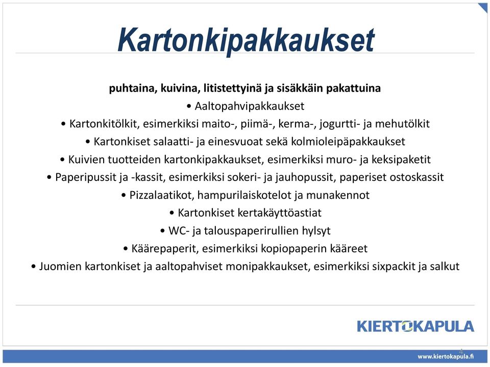 Paperipussit ja -kassit, esimerkiksi sokeri- ja jauhopussit, paperiset ostoskassit Pizzalaatikot, hampurilaiskotelot ja munakennot Kartonkiset