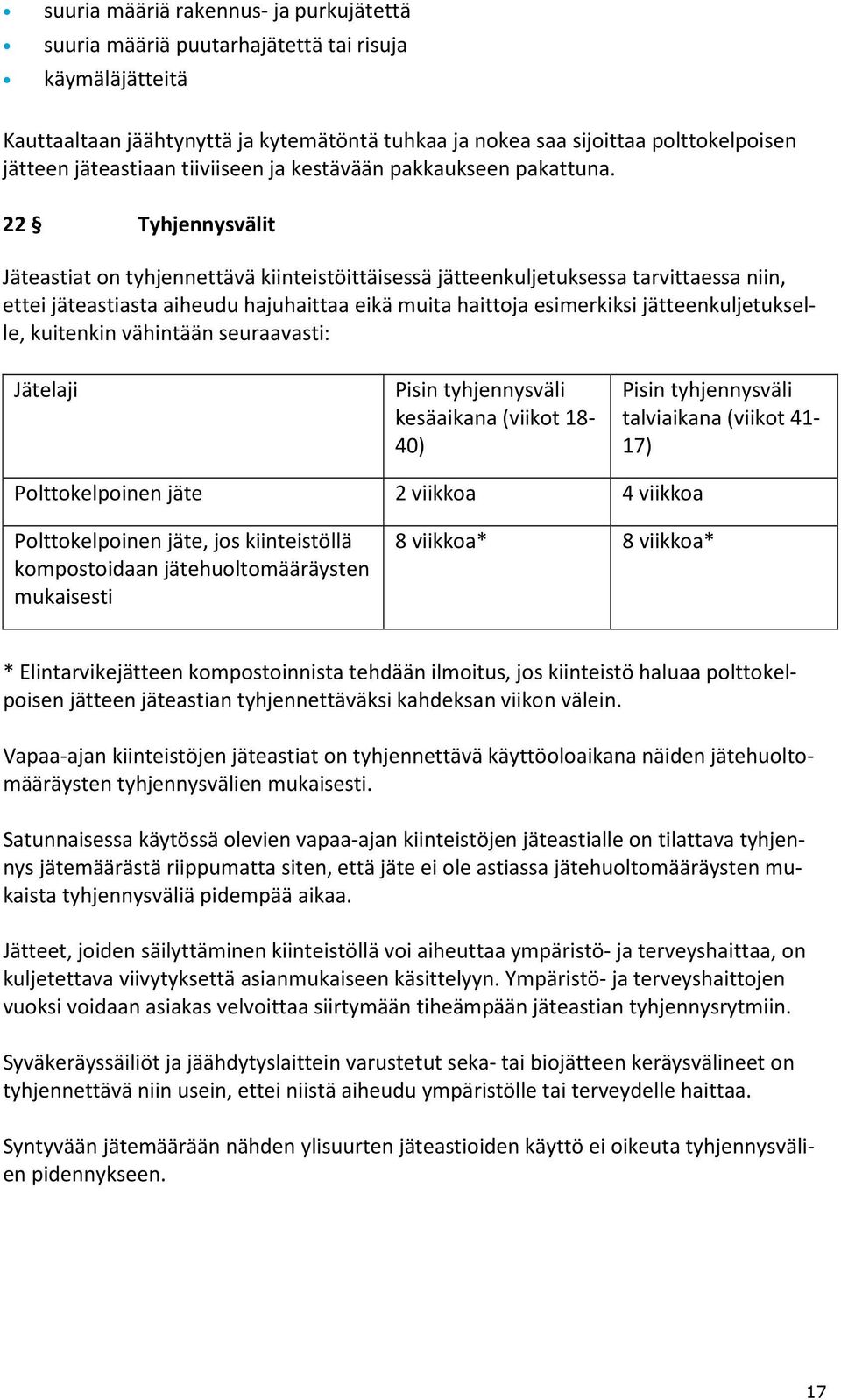 22 Tyhjennysvälit Jäteastiat on tyhjennettävä kiinteistöittäisessä jätteenkuljetuksessa tarvittaessa niin, ettei jäteastiasta aiheudu hajuhaittaa eikä muita haittoja esimerkiksi jätteenkuljetukselle,