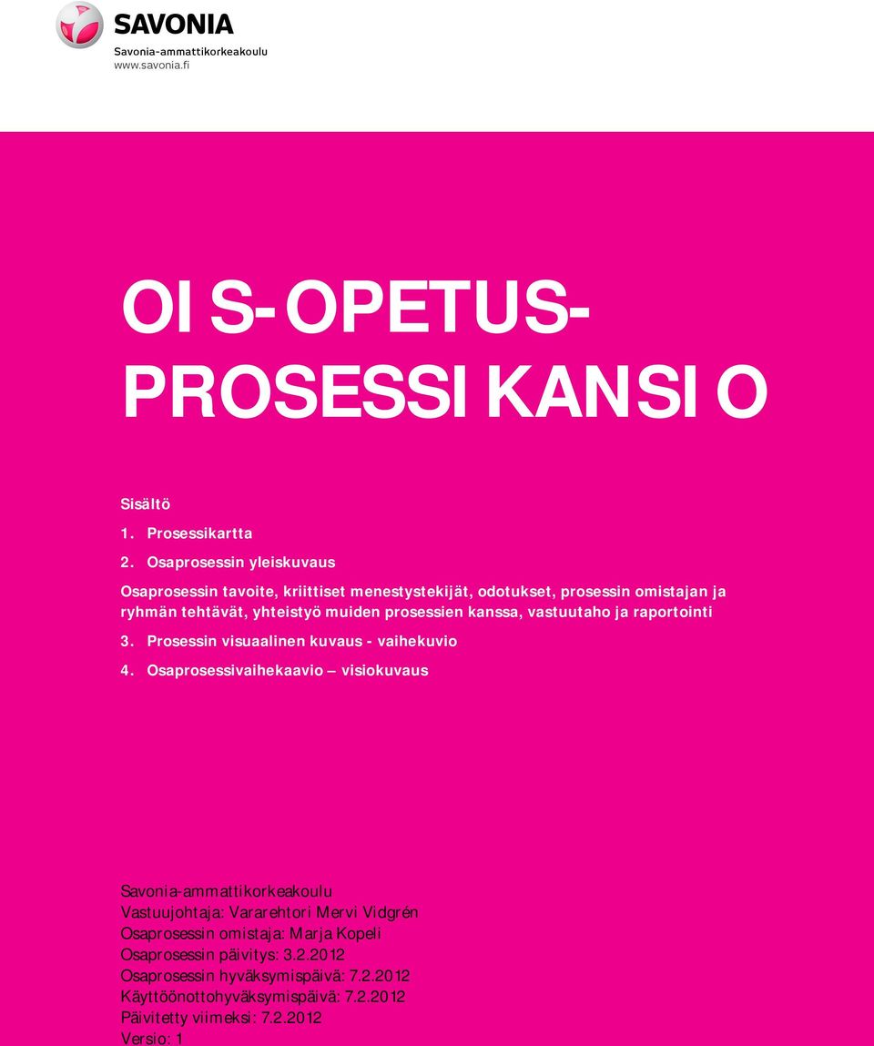 muiden prosessien kanssa, vastuutaho ja raportointi 3. Prosessin visuaalinen kuvaus - vaihekuvio 4.