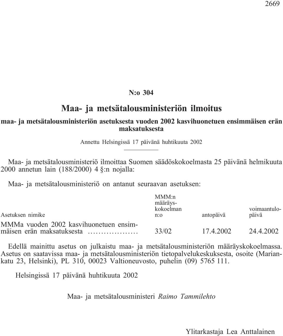 MMM:n määräyskokoelman n:o voimaantulopäivä Asetuksen nimike antopäivä MMMa vuoden 2002 kasvihuonetuen ensimmäisen erän maksatuksesta... 33/02 17.4.