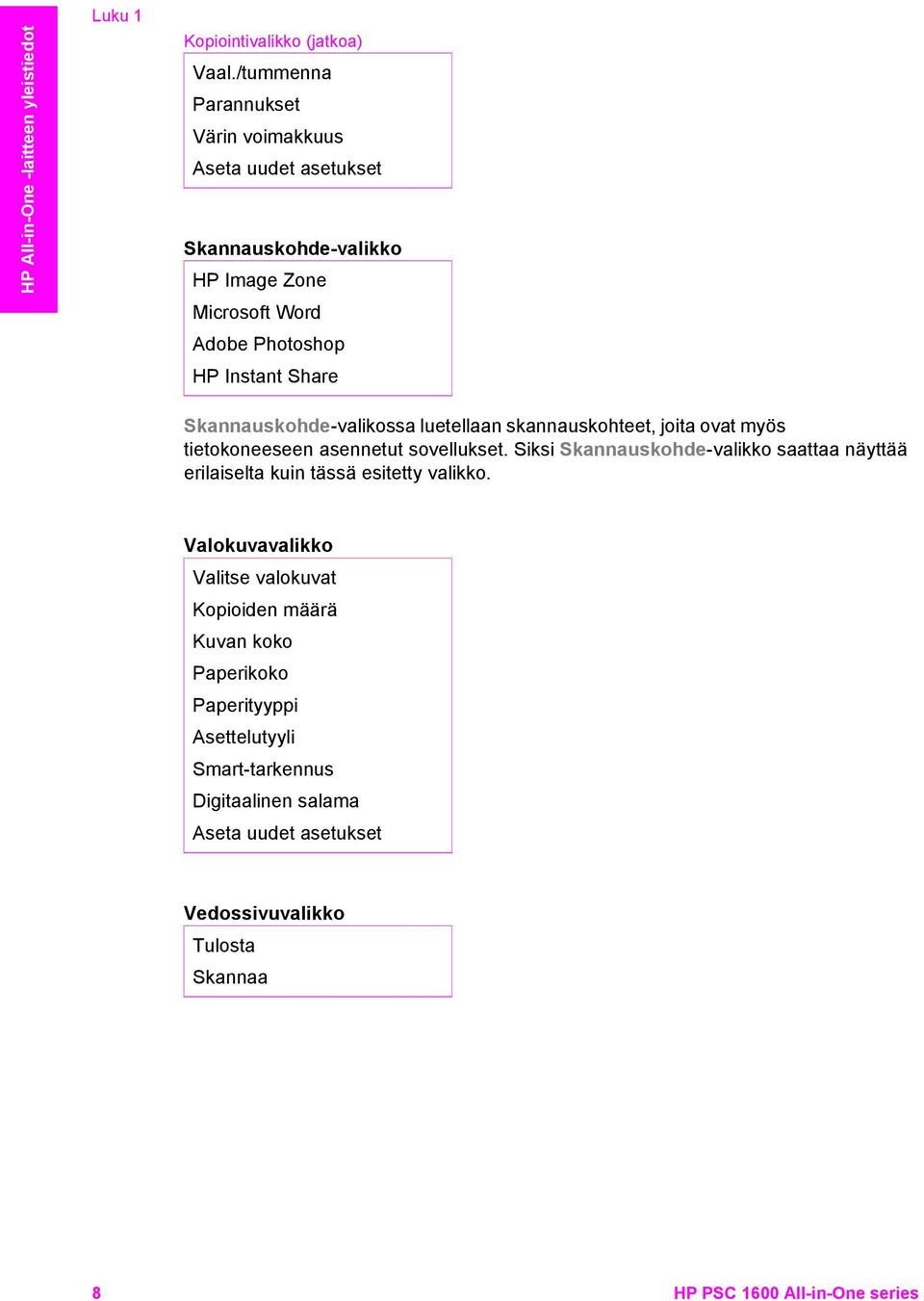 Skannauskohde-valikossa luetellaan skannauskohteet, joita ovat myös tietokoneeseen asennetut sovellukset.