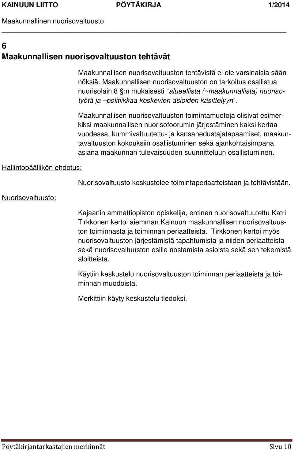 Maakunnallisen nuorisovaltuuston toimintamuotoja olisivat esimerkiksi maakunnallisen nuorisofoorumin järjestäminen kaksi kertaa vuodessa, kummivaltuutettu- ja kansanedustajatapaamiset,